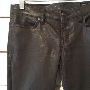 All Saints dark gray wax coated jeans.